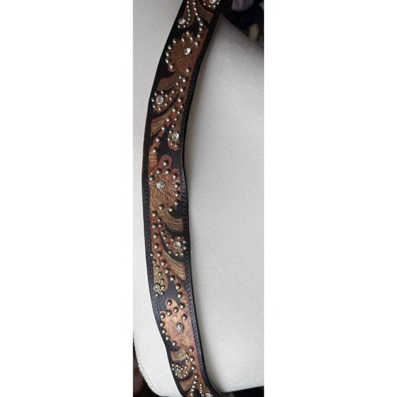 NACONA Brown Leather Belt N3464697 40-46 Inch Statement Rhinestones Hand Painted - Picture 5 of 8